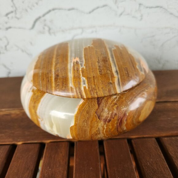 Vintage Polished Onyx Trinket Box with Lid – Brown & Cream Stone Dish 6" x 2.5" - Picture 2 of 9